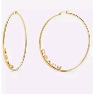 COACH Signature Logo Large 3in Hoop Earrings Gold & Pave Glass Jewelry NWT